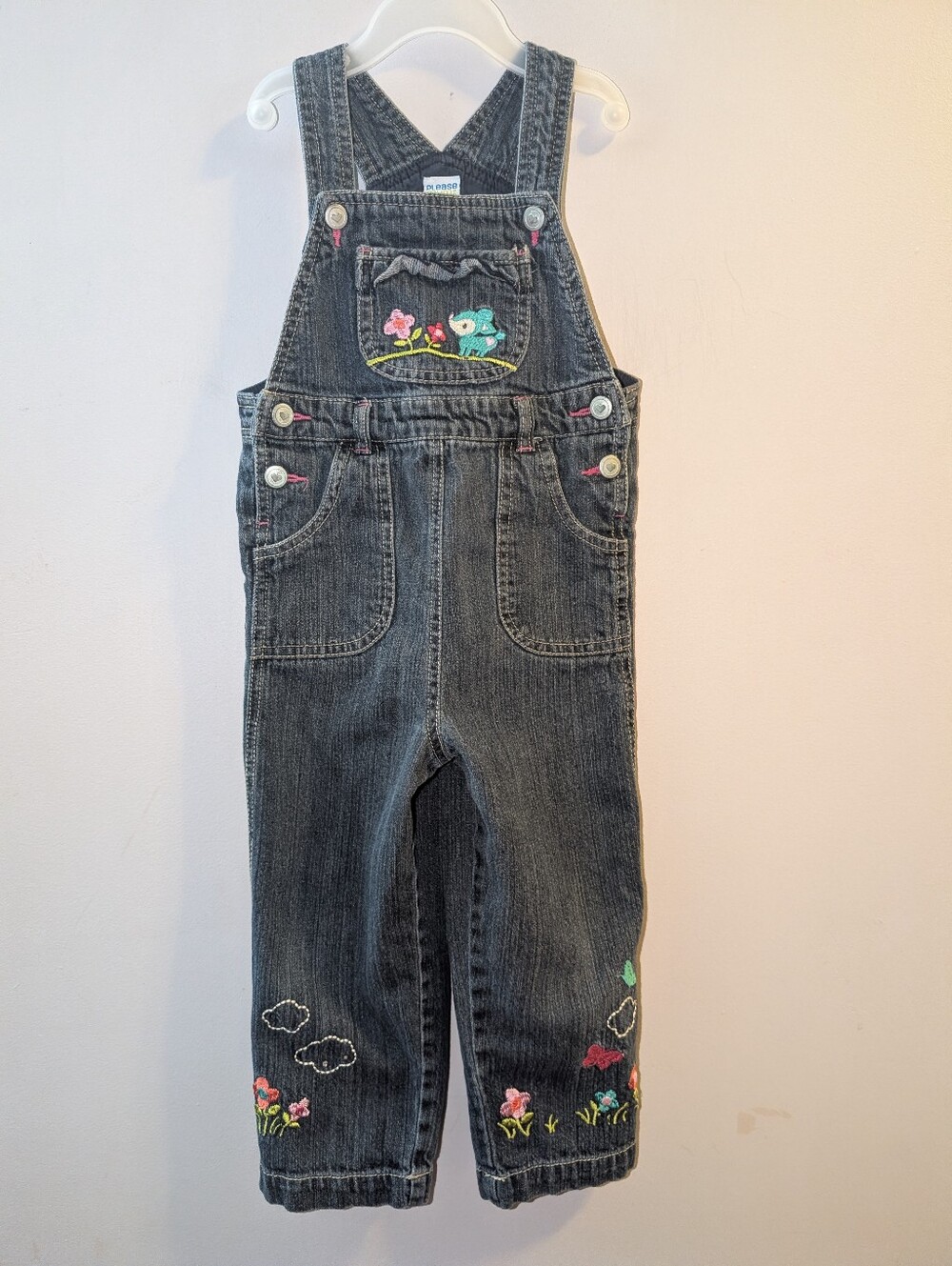 Vintage Y2K Dark Gray Denim Toddlers Overalls with Colorful Floral Embroidery 3T